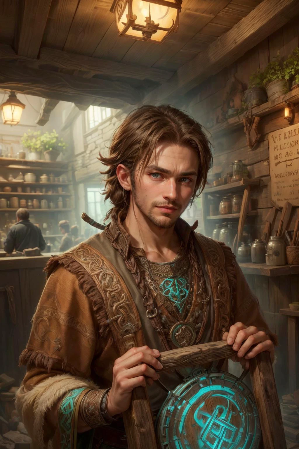 (masterpiece, best quality:1.4), (beautiful, aesthetic, perfect, delicate, intricate:1.2), <lora:more_details:0.75>, <lora:sharpen-soften:-0.25>, <lora:realistic:0.25>,
(1man, thin adult portuguese male:1.2), turquoise eyes, dark blonde hair, mutton chops,
portrait, solo, half shot, looking at viewer, detailed background, detailed face, (<lora:CeltPunkAI:0.5>, CeltPunkAI, tribal barbarian celtic theme:1.1) server, simple dark orange clothes, cozy rustic inn interior in background, worn out wooden beams, mold, clutter, banners, sign, jovial fantasy atmosphere,