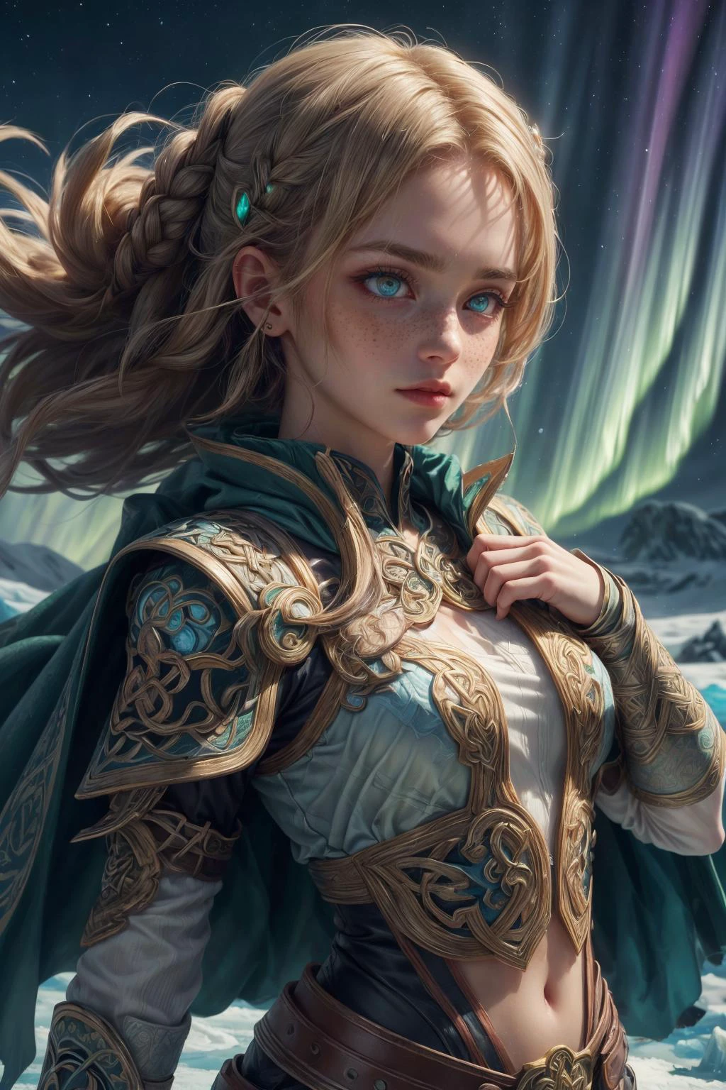 (masterpiece, best quality:1.4), (beautiful, aesthetic, perfect, delicate, intricate:1.2), <lora:more_details:0.75>, <lora:sharpen-soften:-0.25>, <lora:realistic:0.25>,
1 girl, adult (elven:0.7) woman, freckles, amber eyes, dark blonde hair flaps,
portrait, solo, half shot, detailed background, detailed face, (<lora:CeltPunkAI:0.5>, CeltPunkAI, tribal celtic theme:1.1), light blue northern warrior, (glowing eyes:1.05), stoic expression, dynamic pose, magical armor, cape, floating ice shards, cold, icy background, northern lights in background epic atmosphere,