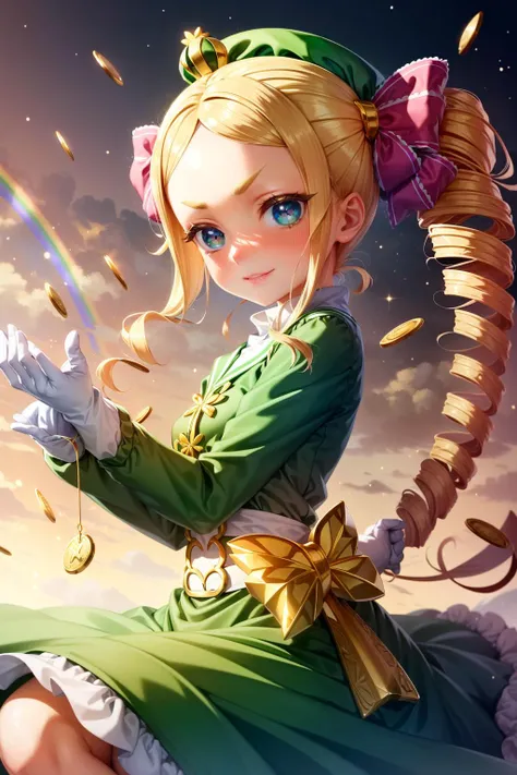 (anime style:1.3), aabeatrice, symbol-shaped pupils, mini crown, long hair, twin drills, sidelocks, v-shaped eyebrows, hair ribbon, green bow,  <lora:beatrice_(re_zero):0.75>, green dress, green hat, green legwear, white gloves, saint patrick, golden ornaments, <lora:CeltPunkAI:0.5>, looking at viewer, light smile, beautiful detailed face, beautiful detailed eyes, (saint patrick, four-leaf clover, clovers on background), druid's grove, ancient trees, sacred stones, whispered prayers, nature's sanctuary, (((gold coins, gold, rainbow))), colorful landscape, sharp details, sfw, <lora:add_detail:0.3>