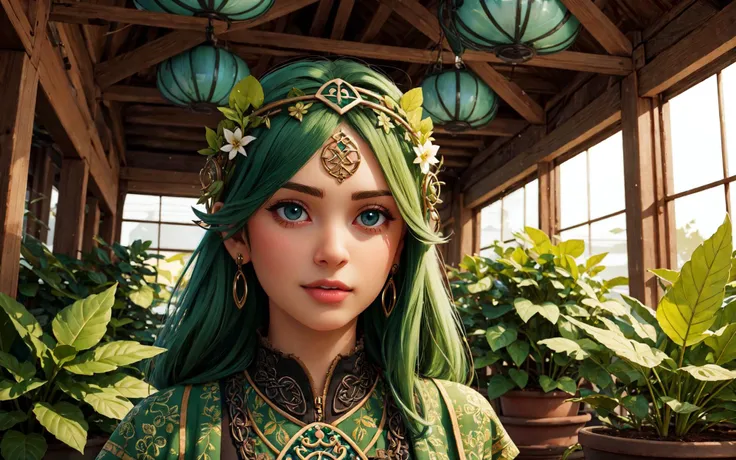 focus on character, portrait, solo, upper body, looking up, detailed background, detailed face, (<lora:CeltPunkAI:0.5>, CeltPunkAI, tribal celtic theme:1.1), focusing, botanical scientist, planters, potted plants, greenery, greenhouse effect, magic, green energy, elemental magic, wild growth, herbs, ferns, research, greenhouse in background, magical atmosphere,, (high quality, very realistic, photorealistic:1.4),