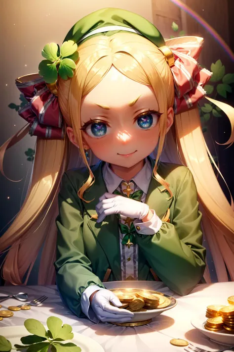 (anime style:1.3), aabeatrice, symbol-shaped pupils, long hair, twin drills, sidelocks, v-shaped eyebrows, hair ribbon, green bow, golden bow, <lora:beatrice_(re_zero):0.75>, green dress, green hat, green legwear, white gloves, saint patrick, golden ornaments, <lora:CeltPunkAI:0.5>, looking at viewer, light smile, beautiful detailed face, beautiful detailed eyes, (saint patrick, four-leaf clover, clovers on background), royal banquet hall, long feasting tables, elaborate feasts, toasts and revelry, (((gold coins, gold, rainbow))), colorful landscape, sharp details, sfw, <lora:add_detail:0.3>
