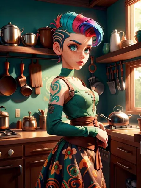 Disney, Pixar Disney, Pixar Disney, Pixar (Style: trending on artstation, ((high quality:1.2, masterpiece:1.2)) , (8k resolution) , high details, incredibly absurdres, color connection, colorized, colorful, sexy, nsfw, seductive,wide lens, 3/4 body shot)
(1girl, 25 years old, big eyes, latina face, freckles, (short hair, shaved sides:1.2), multicolored hair, medium breasts)
<lora:CeltPunkAI:0.7> (backround: CeltPunkAI, kitchen, coffee)