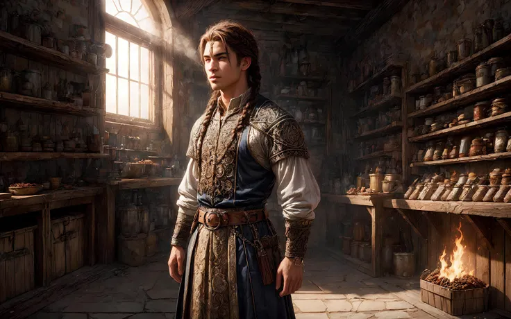 masterpiece, epic, majestic, best quality, very high resolution, 8k, hdr, digital photography, dynamic pose, studly 18 years old (male Ephesian:1.2) warlock, aquamarine eyes, (dark brown hair, braided headband hair:1.1), showing burning expression, looking away, solo, half shot, detailed background, detailed face, (<lora:CeltPunkAI:0.5>, CeltPunkAI, tribal barbarian celtic theme:1.1), light smile, dynamic pose, merchant, (Alizarin:0.8) merchant clothes, pouches, belts, busy (medieval shop interior:1.1), (sacks:0.8), (crates:0.8), (boxes:0.8), (storage baskets:0.8), (shelves:0.8), selling wide variety of colorful spices, herbs, salt, pepper, paprika, dried herbs, seeds, almonds, nuts, walnuts, cashew,, coins,, (iridescent:0.7), (transparent:0.8), (translucid:0.8), (reflection:0.6), (refraction:0.3), (diffraction:0.3), (caustics:0.3), volumetric lights, volumetric shadows, (subsurface scatering:0.4), physically based rendering, (intricate details:1.3), hyperdetailed, ultrarealistic, (sharp focus:1.2) <lora:hyperdenoiser_v090:1.5> <lora:add_detail:1.5>