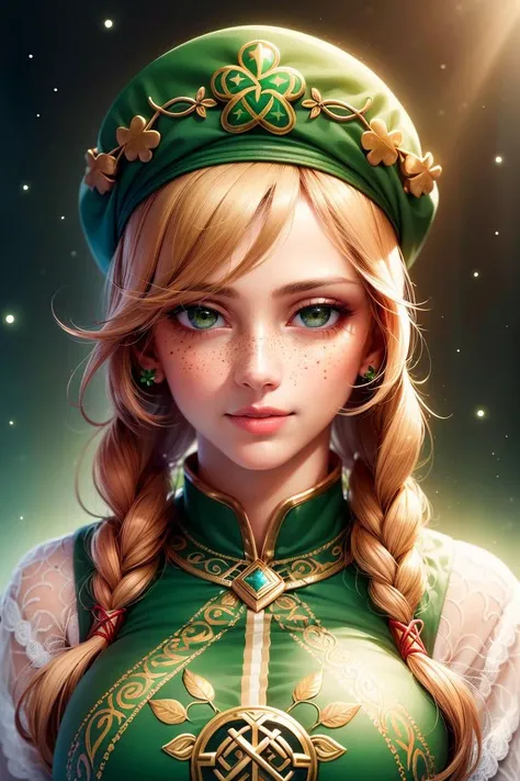 (realistic:1.3), 1 girl, adult woman, freckles, coral eyes, chestnut quiff hair, saint patrick hat, golden ornaments, <lora:CeltPunkAI:0.5>, CeltPunkAI, tribal celtic, looking at viewer, light smile, beautiful detailed face, beautiful detailed eyes, saint patrick, four-leaf clover, clovers on background, rainbow, colorful landscape, sharp details, <lora:add_detail:0.3>