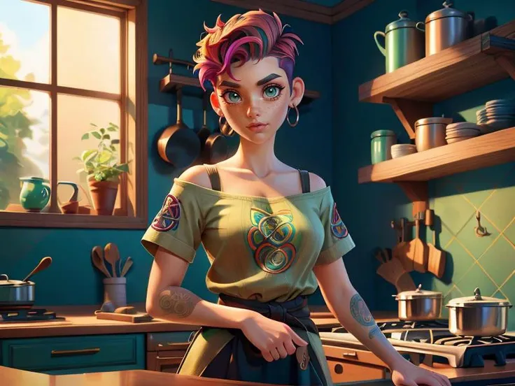 Disney, Pixar Disney, Pixar Disney, Pixar Disney, Pixar (Style: trending on artstation, ((high quality:1.2, masterpiece:1.2)) , (8k resolution) , high details, incredibly absurdres, color connection, colorized, colorful, sexy, nsfw, seductive,wide lens, 3/4 body shot)
(1girl, 25 years old, big eyes, latina face, freckles, (short hair, shaved sides:1.2), multicolored hair, medium breasts)
<lora:CeltPunkAI:0.75> (backround: CeltPunkAI, kitchen)