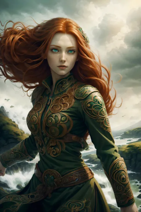((best quality)), ((masterpiece)), (detailed),4k, ginger woman, floating hair, green eyes, beautiful eyes, detailed face, <lora:CeltPunkAI:1>, rock wall, wind, CeltPunkAI, dynamic