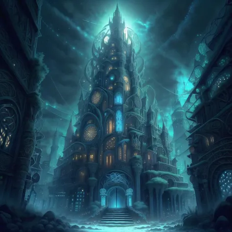 (masterpiece:1.2), (best quality:1.2), highres, extremly detailed, detailed, intricate,  building, <lora:CeltPunkAI:0.95>, (CeltPunkAI), detailed, intricate, modern tower, dark, night, blue glow, blue magic, glowing from the inside, dark outside, metal, mashinery, city