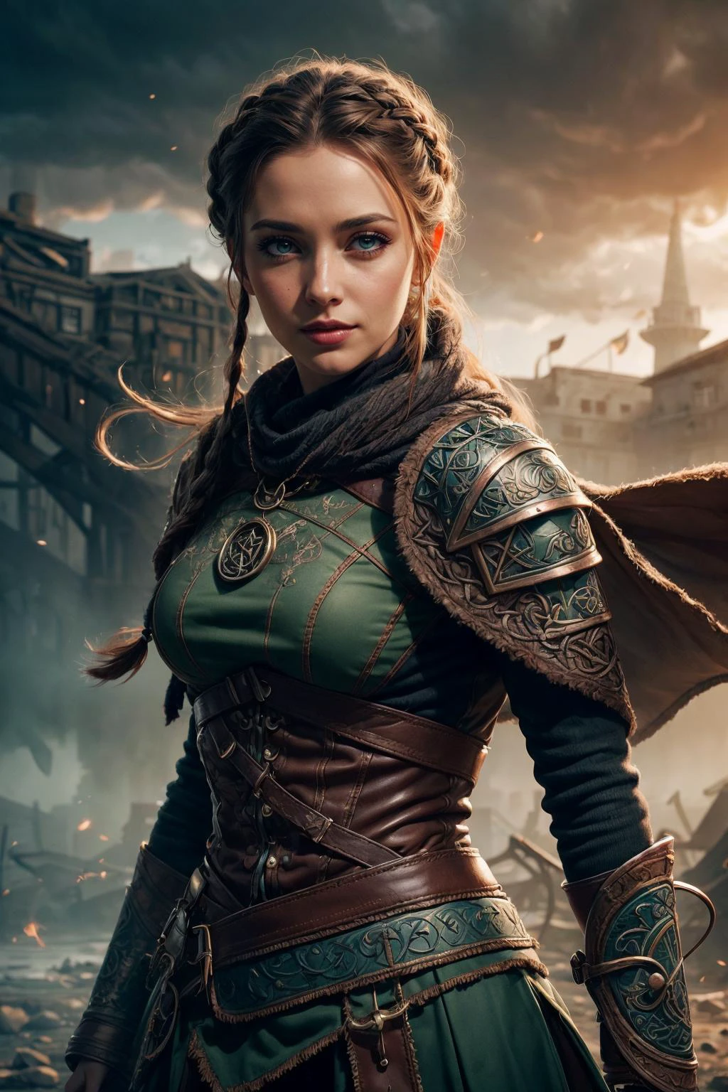 masterpiece, best quality, splashing, abstract, <lora:more_details:0.5>, <lora:FujiVelvia50:0.4>,
1 girl, adult (elven:0.7) woman, red eyes, copper braided hairstyle,
Style-GravityMagic, solo, half shot, looking at viewer, detailed background, detailed face, (<lora:CeltPunkAI:0.5>, CeltPunkAI, celtic theme:1.1), focus on eyes, supernatural eyes, grinning, witcher, monster slayer, wearing scaled witcher armor, intricate, bandages, tattered cape straps, supernatural abilities, tower in background, fog, dust particles, wind blowing, backlighting, bokeh, mysterious atmosphere,