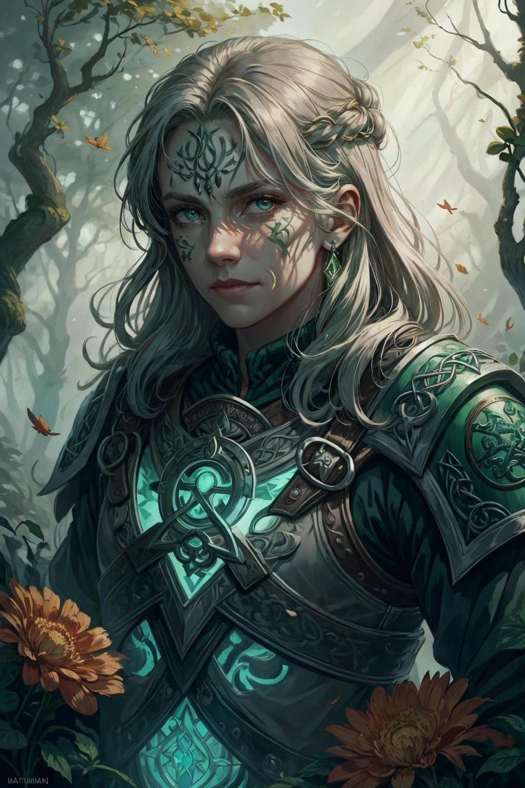 (masterpiece, best quality), aesthetic illustration, <lora:add_detail_v5:1>
(1man, wrinkled face, old male:1.2), jade eyes, gray hair, temp fade,
(style-rustmagic:0.8), solo, half shot, looking at viewer, detailed background, detailed face, (<lora:CeltPunkAI:0.5>, CeltPunkAI, barbarian celtic theme:1.1) glowing eyes, nature-warrior, wooden armor, mixing of flowers with armor, green magical lights, walking, determined, glowing natural tattoos, ethereal energy , plant overgrowth, dark trees in background, autumn, birds, fog, filtered light, ethereal atmosphere,
