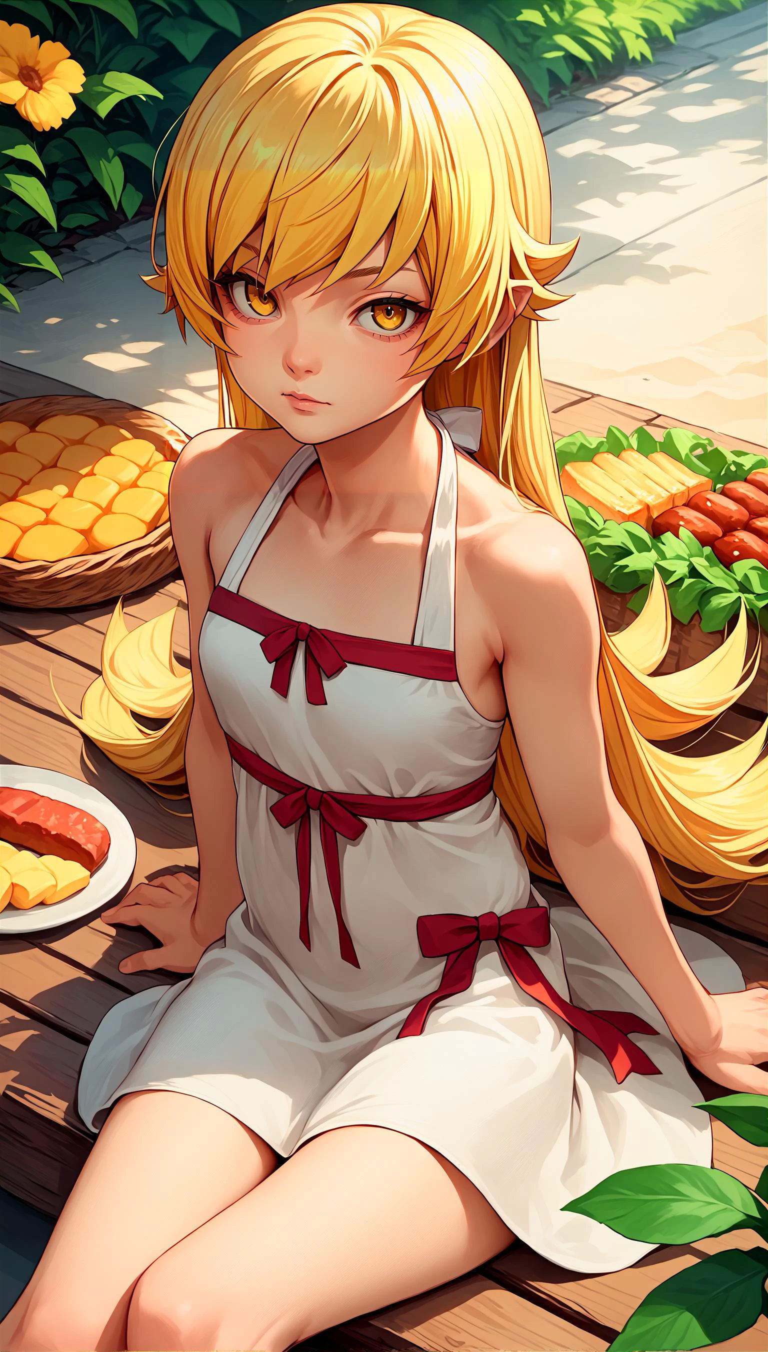 score_9, score_8_up, score_7_up, source_anime, 1girl,
<lora:shinobu:0.8> oshino shinobu, blonde hair, female, long hair, humanoid, yellow eyes, clothing, looking at viewer, bare shoulders, bangs, summer dress, food, sitting