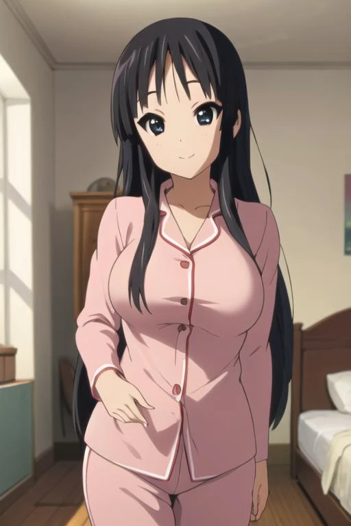 (masterpiece), (best quality), (beautiful eyes and face), (perfect female body),
looking at viewer, cowboy shot,
1girl, solo, Mio Akiyama, long hair, black hair, blunt bangs,large breasts, pajamas,
indoors, bedroom, smile,
standing,
indoors, <lora:KonF:0.8> ,<lora:pajamas:0.8>