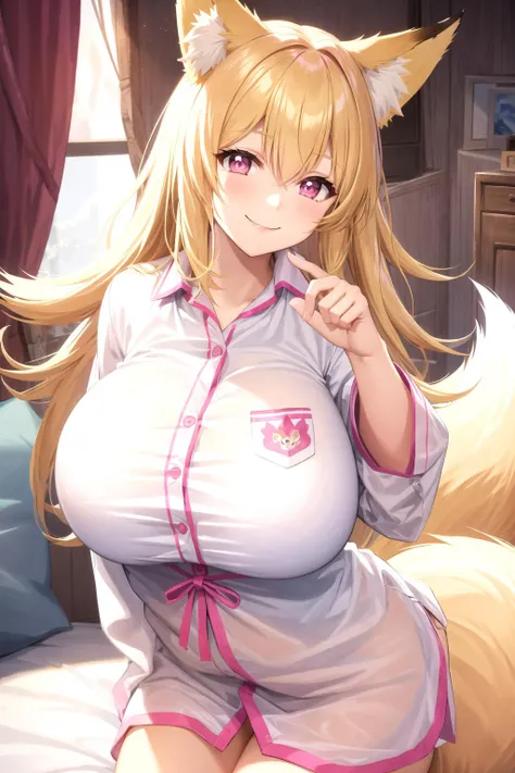 pajamas, smiling, gigantic breasts, white shirt, smile, looking at viewer, panties, see-though shirt, fox ears, fox tail, smile, blonde hair, pink eyes, <lora:pajamas-10:0.6>