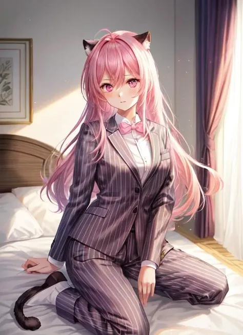 ((best quality)), ((highly detailed)), masterpiece, (detailed eyes, deep eyes), (1girl), full body, <lora:pajamas:.6>, pajamas, dress, see-through dress, socks, <lora:hairdetailer:1>, (panther girl), panther ears, panther tail, (pink hair), pink eyes, pink tail, pink ears, ((pink colored business suit)), ((pink colored suit jacket)), pink pinstripe pants, pink bow tie, inside, in a bedroom