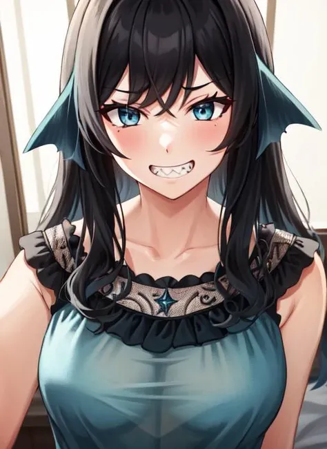 ((best quality)), ((highly detailed)), masterpiece, detailed face, beautiful face, (detailed eyes, deep eyes), (1girl), upper body, <lora:pajamas:.6>, pajamas, dress, see-through dress, barefoot, <lora:aiomonstergirls_loraLocon:.3>, (mershark), fins, mermaid, <lora:Better Sharp Teeth 3:1>, sharp teeth, grin, inside, in a bedroom