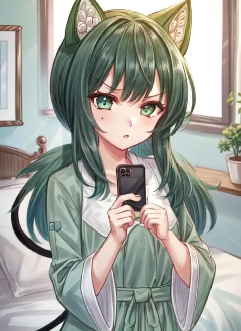 ((best quality)), ((highly detailed)), masterpiece, extremely detailed face, beautiful face, (detailed eyes, deep eyes), (1girl), upper body, <lora:pajamas:.7>, pajamas, barefoot, <lora:hairdetailer:.9>, <lora:androidchan-v1:.8>, android-chan, green hair, green eyes, tail, wide sleeves, holding cellphone, inside, in a bedroom, on a bed