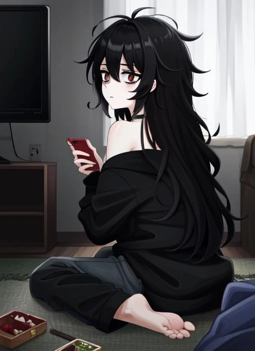 ((best quality)), ((highly detailed)), masterpiece, (detailed eyes, deep eyes), (1girl), from behind, looking back, full body, NEET, (fair skin), <lora:bags_under_eyes:1>, ((bags under eyes)), tired, sleepy, (very long hair), (((very messy hair))), black hair, (red eyes), frown, oversized hoodie, off shoulder, bare shoulders, collarbone, choker, <lora:pajamas:.7>, pajamas, barefoot, ((in a dark room)), lights off, (dim lighting), messy room, junk food, ((from the side)), a large television, video game console, futon, at night, <lora:LowRA:.6>, dark theme