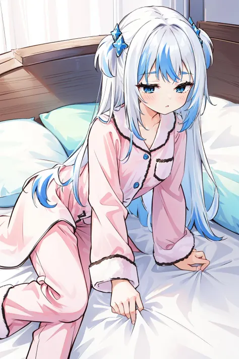 (masterpiece, best quality), intricate details,
1girl, <lora:gawr_gura:0.8> gawr gura, white hair, hair ornaments,two side up, streaked hair,blue eyes
<lora:pajamas-10:0.8> pink pajamas, sleepy, laying on bed, bedroom, <lora:sleepy_v100:0.8>