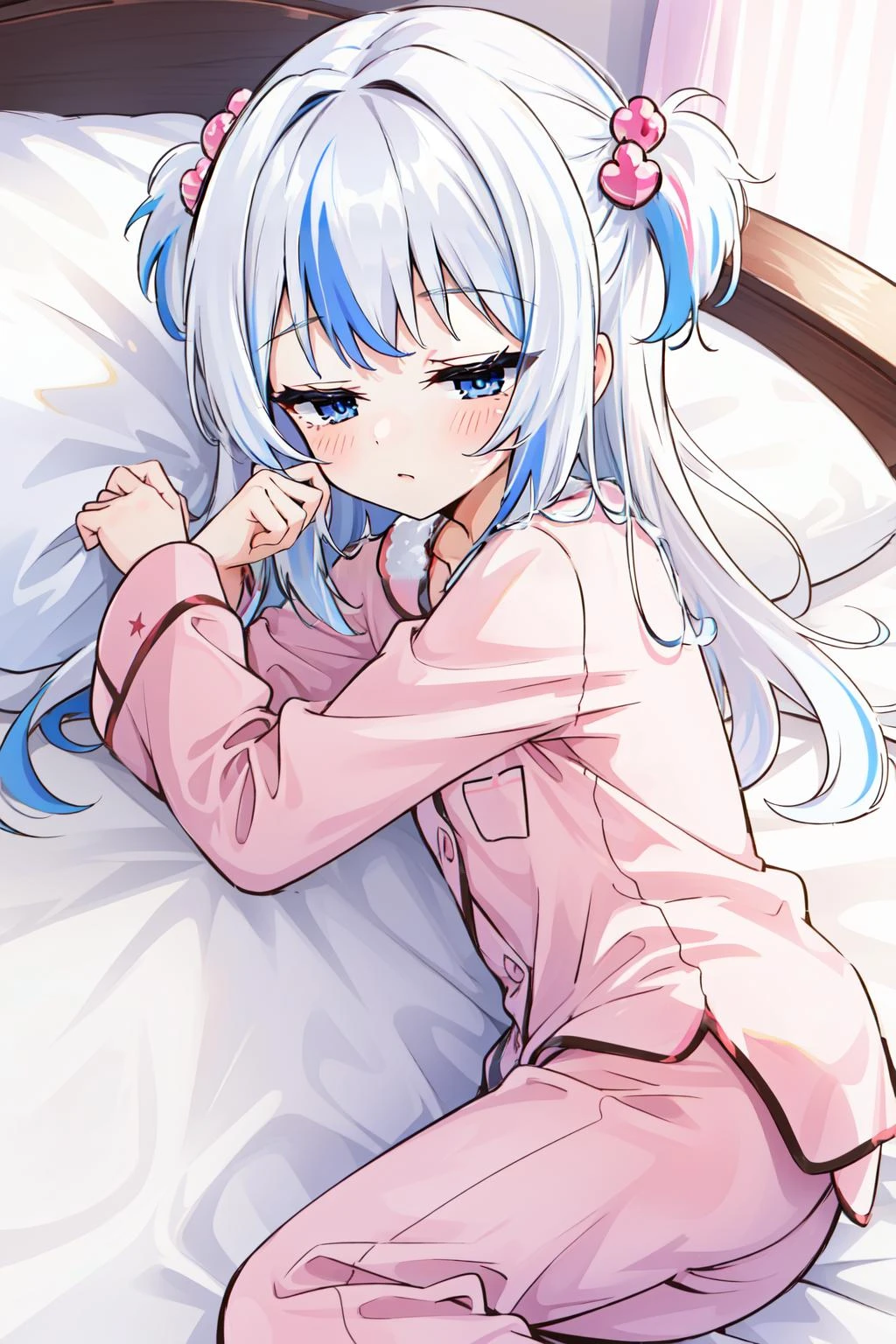 (masterpiece, best quality), intricate details,
1girl, <lora:gawr_gura:0.8> gawr gura, white hair, hair ornaments,two side up, streaked hair,blue eyes
<lora:pajamas-10:0.8> pink pajamas, sleepy, laying on bed, bedroom, <lora:sleepy_v100:0.8>