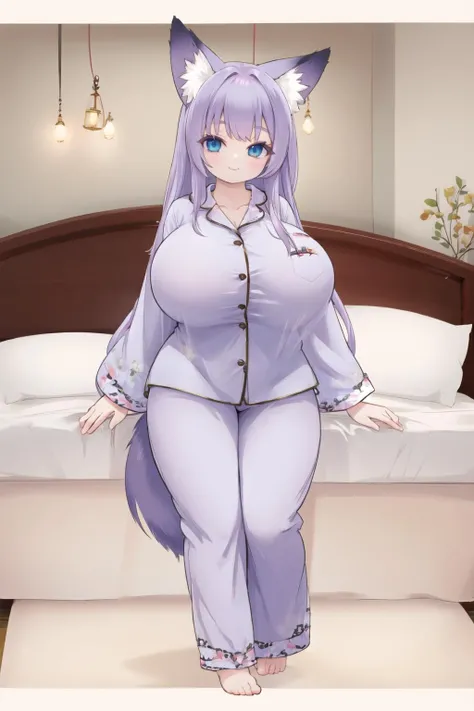 <lora:pajamas-10:0.6>, pajamas, gigantic breasts, wide hips, 1girl, bedroom, smile, looking at viewer, <lora:futon-10:0.6>, fox ears, fox tail