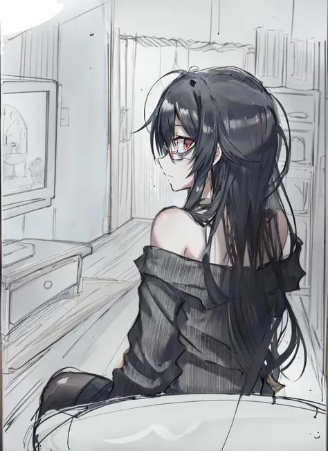((best quality)), ((highly detailed)), masterpiece, absurdres, detailed face, beautiful face, (detailed eyes, deep eyes), (1girl), (glasses), dynamic pose, full body, NEET, (fair skin), <lora:bags_under_eyes:1>, ((bags under eyes)), tired, sleepy, (very long hair), (((very messy hair))), black hair, (red eyes), frown, oversized shirt, ((untucked shirt)), off shoulder, bare shoulders, collarbone, choker, <lora:pajamas:.6>, pajamas, single thighhigh, ((in a dark room)), lights off, (dim lighting), messy room, junk food, ((from behind)), (facing away), a large television, video game console, futon, at night, <lora:LowRA:.6>, dark theme, (indoors, at a closet), <lora:NoviceSketchStyle:1>, sketch, monochrome, greyscale, traditional media