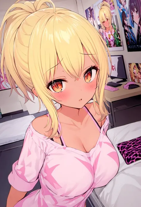 rating: general, <lora:Chika_Chosokabe_from_LiL:0.9>, chika, 1girl, blonde hair, solo, looking at viewer, computer, parted lips, ponytail, off shoulder, indoors, poster (object), shirt, blush, upper body, bed, breasts, gyaru, masterpiece, best quality