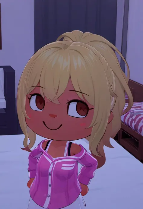 masterpiece, best quality, rating: general, <lora:xl_Animal_Crossing_New_Horizons-000009:1.4>, (chibi:1.4), <lora:Chika_Chosokabe_from_LiL:0.8>, chika, 1girl, blonde hair, solo, looking at viewer, smile, ponytail, off shoulder, indoors, shirt, blush, upper body, bed, breasts, gyaru, dark skin,