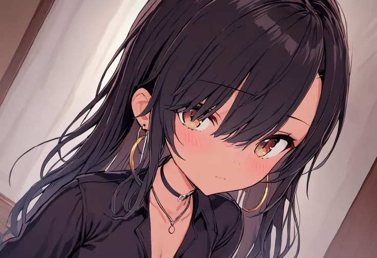 rating: general, <lora:Chika_Chosokabe_from_LiL:1>, chika, jewelry, earrings, solo, black hair, looking at viewer, necklace, 1girl, choker, hoop earrings, shirt, upper body, hair over one eye, breasts, black shirt, bangs, closed mouth, small breasts, black choker, masterpiece, best quality