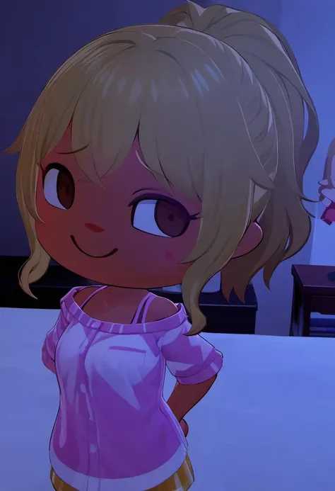 masterpiece, best quality, rating: general, <lora:xl_Animal_Crossing_New_Horizons-000009:1.4>, (chibi:1.4), <lora:Chika_Chosokabe_from_LiL:0.8>, chika, 1girl, blonde hair, solo, looking at viewer, smile, ponytail, off shoulder, indoors, shirt, blush, upper body, bed, breasts, gyaru, dark skin,