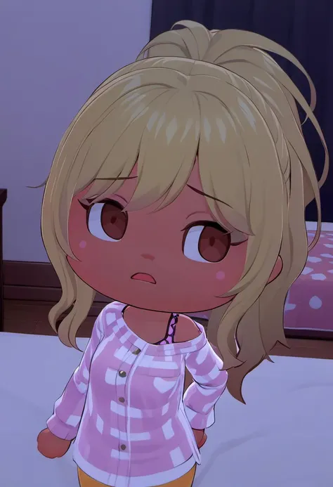 masterpiece, best quality, rating: general, <lora:xl_Animal_Crossing_New_Horizons-000009:1.4>, (chibi:1.4), <lora:Chika_Chosokabe_from_LiL:0.8>, chika, 1girl, blonde hair, solo, looking at viewer, parted lips, ponytail, off shoulder, indoors, shirt, blush, upper body, bed, breasts, gyaru, dark skin,