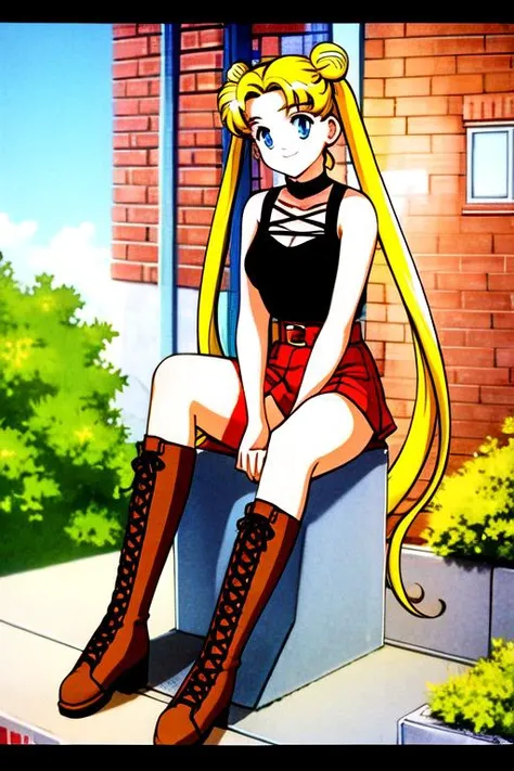 (masterpiece:1.2), best quality, masterpiece, highres, original,perfect light, 4k,8k,1girl, blonde hair, blue eyes, boots, brick wall, building, bush, chain-link fence, double bun, fence, head rest, long hair, outdoors, sitting, sleeveless shirt, smile, solo, tsukino usagi, twintails, very long hair ,<lora:sailor moon:0.8>