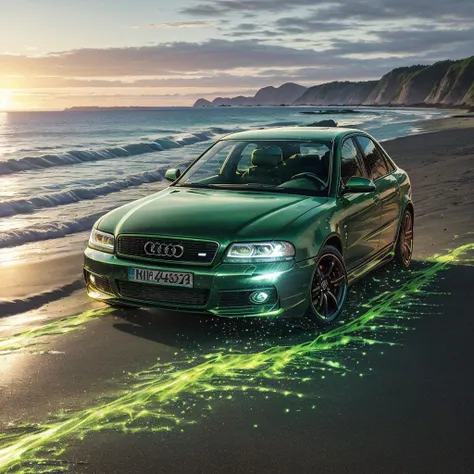 <lora:Audi_A4_B5:1> mesmerizing artwok of a glowing green (a4b5), beach in the background, driving into the sunset,photorealistic, highly detailed, long shot, dynamic angle, full shot, intricate detail, professional, photograph, hyperrealistic