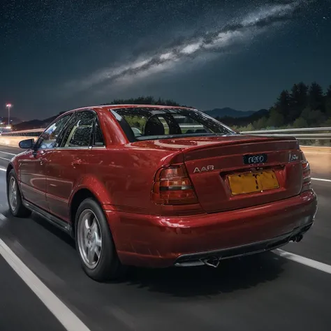 <lora:Audi_A4_B5:1> mesmerizing artwork of a matt red (a4b5), drifting on the highway in space, at night, photorealistic, highly detailed, long shot, dynamic angle, (full shot:1.2), intricate detail, professional, photograph, from behind, low angle