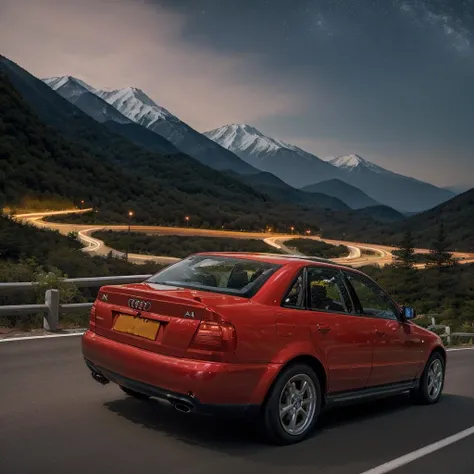 <lora:Audi_A4_B5:1> breathtaking photograph of a light-red (a4b5), drifting on the highway in the japanese mountains, at night, photorealistic, highly detailed, long shot, dynamic angle, (full shot:1.2), intricate detail, professional, photograph