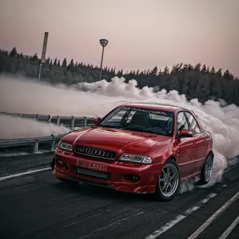 <lora:Audi_A4_B5:1> breathtaking photograph of a light-red (a4b5), drifting on the highway, at night, photorealistic, highly detailed, long shot, dynamic angle, (full shot:1.2), intricate detail, professional, photograph, cardrifting <lora:cardrifting2:1.2>, (smoke), burn