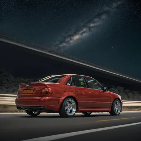 <lora:Audi_A4_B5:1> mesmerizing artwork of a matt red (a4b5), drifting on the highway in space, at night, photorealistic, highly detailed, long shot, dynamic angle, (full shot:1.2), intricate detail, professional, photograph, from behind