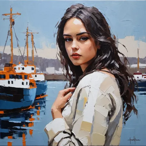 Expressionist palette knife canvas painting of a stunning young woman in front of a port in the early winter morning,subtle colors, minimalist, faint,    <lora:ceaton_xl_1_standard-merger_73_83_07_03:1>