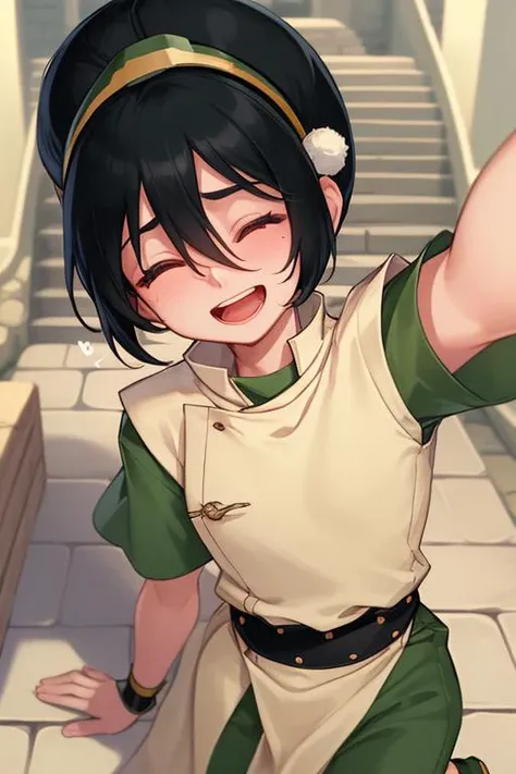 (masterpiece), (best quality),(ultra-detailed), (beautiful detailed face), 1girl, solo, black hair, hairband, short hair, hair between eyes, ((blind:1.2)), (tunic:1.1), (green shirt:1.1), short sleeves, (sash:1.1), (capri pants:1.1), (toeless footwear), (pelvic curtain:1.1), dynamic angle, bust chart, silme, open mouth, closed eyes, head tilt, <lora:avatarToph_v10:1>
