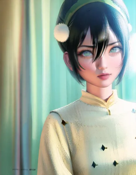 1girl,solo,black hair,hairband, short hair,hair between eyes,( blind:1.0),green eyes ,<lora:Toph:1>, masterpiece ,best quality ,<lora:sakimichanStyle_v15:1>