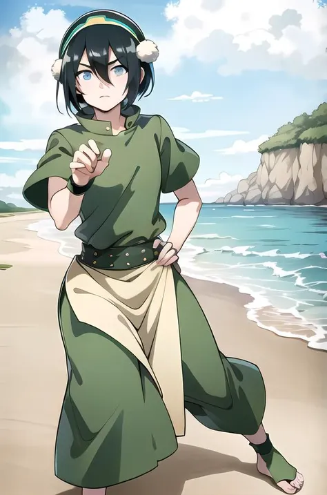 <lora:Toph:0.8> anime coloring, best quality, beach,blue sky,nature, 1girl,solo,black hair,hairband, short hair,hair between eyes,( blind:1.0),green eyes,tunic,green shirt, sash,capri pants, short sleeves, standing,full body, toeless footwear, (pelvic curtain:1.1),frown,skinny,short,fingerless gloves, fighting stance, barefoot, masterpiece, best quality, highly detailed, perfect fingers, clean lines, upper body, beautiful hands, perfect hands, fingernails, good hands, good fingers, good eyes, looking straight, hd, 8k, trending, professional, symmetrical, hires, <lyco:GoodHands-beta2:1.0> <lora:animeoutline:0.8>