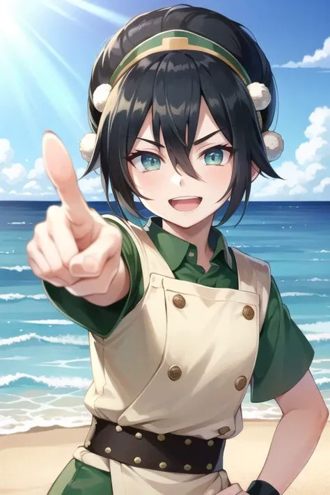 <lora:Toph:0.8> anime coloring, beach,blue sky,nature, 1girl,solo,black hair,hairband, short hair,hair between eyes,( blind:1.2),green eyes,tunic,green shirt, sash,(capri pants:1.1), short sleeves, standing, hand on hip, facing viewer,( upper body:1.1), smile,open mouth, ( pointing at viewer:1.0, , masterpiece, best quality, highly detailed, perfect fingers, clean lines, upper body, beautiful hands, perfect hands, fingernails, good hands, good fingers, good eyes, looking straight, hd, 8k, trending, professional, symmetrical, hires, <lyco:GoodHands-beta2:1.0>