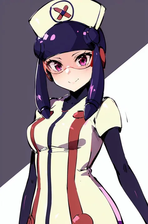 ultra detailed, masterpiece, best quality,
solo,
cowboy shot,
facing viewer,
soft smile, light smile,
 <lora:HerrscherAGGA2023_Meddy_V1:0.8> Meddy.Exe, Netnavi_MM, purple hair, nurse cap, visor, pink-tinted eyewear, red eyes, sidelock, bodysuit, white gloves, white boots,  <lora:Mdf_anStyle:0.65> mdf_an,