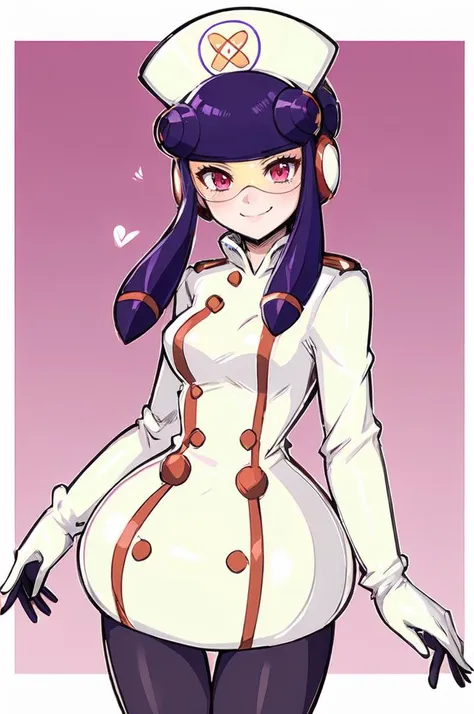ultra detailed, masterpiece, best quality,
solo,
soft smile, light smile,
<lora:HerrscherAGGA2023_Meddy_V1:0.8> Meddy.Exe, Netnavi_MM, purple hair, nurse cap, visor, pink-tinted eyewear, red eyes, sidelock, bodysuit, white gloves, white boots, <lora:afrobull:0.85>
