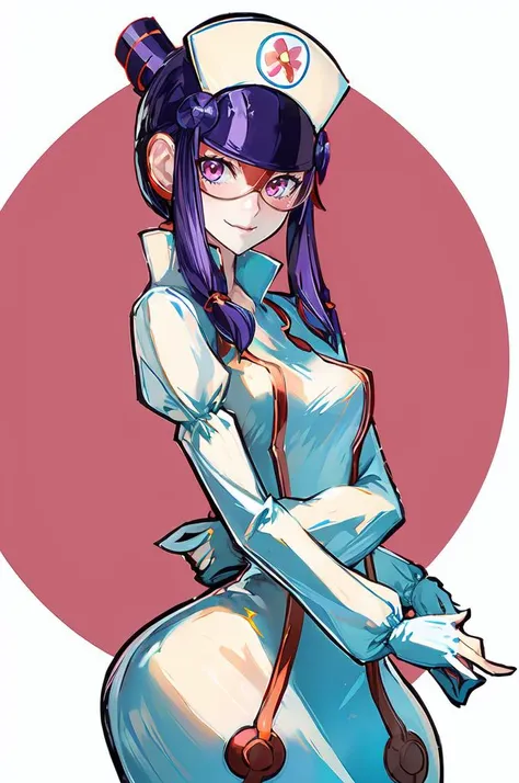 ultra detailed, masterpiece, best quality,
solo,
cowboy shot,
facing viewer,
soft smile, light smile,
 <lora:HerrscherAGGA2023_Meddy_V2:0.8> Meddy.Exe, Netnavi_MM, purple hair, nurse cap, visor, pink-tinted eyewear, red eyes, sidelock, purple long sleeves bodysuit,  white sleeveless dress \(clothing\), gloves, boots,
<lora:Ratatat74m_V1.5:0.55>