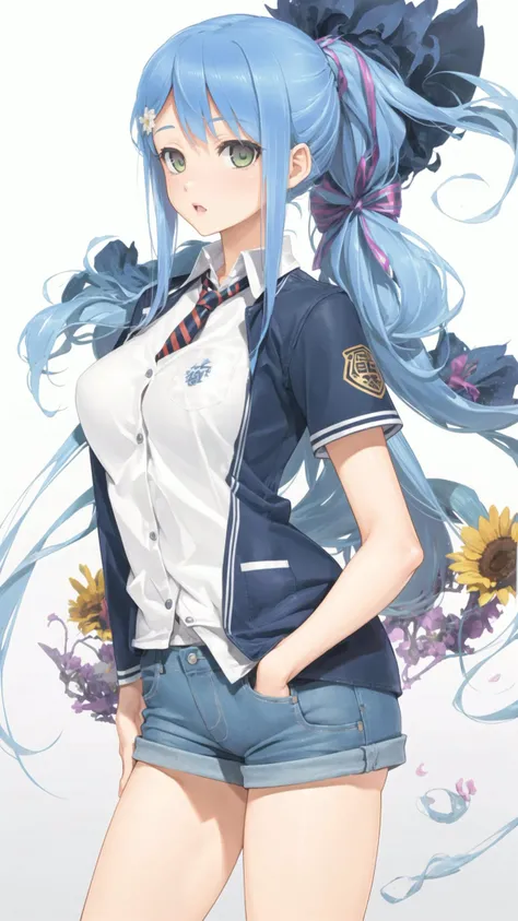 1girl, ((full body)), solo, (((aqua jacket, duffel coat, cutoff jeans))), ((patterned legwear)), blush, green eyes, black bandeau, scrunchie, frilled,
<lora:Sawatari Shizuku v1.0:0.6>