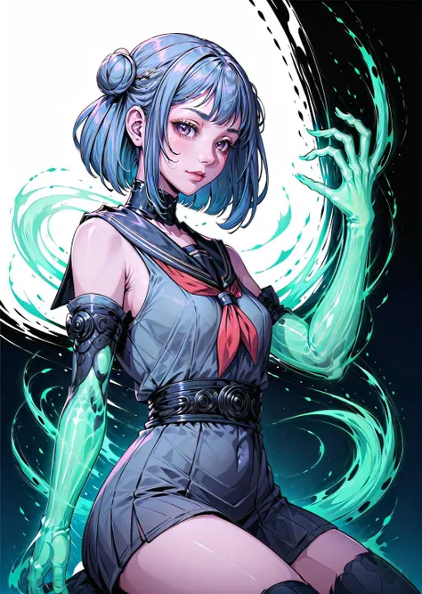 (1girl, blue hair short hair topknot, multiple eyes) (digital) (sitting, in classroom, (black serafuku)) , best quality, <lora:boldline:0.2> <lora:hairdetailer:0.2> <lora:flat2:-0.3> PhantomLimb, ghost arm, <lora:PhantomLimb:0.7>
