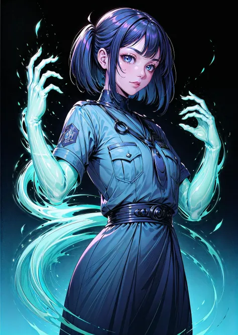 (1girl, dark blue hair very short hair tri tails, blue eyes, , scared) (digital) (standing in detailed factory, (police uniform)) , best quality, <lora:boldline:0.2>  <lora:hairdetailer:0.2> <lora:flat2:-0.3> PhantomLimb, ghost arm, <lora:PhantomLimb:0.6>