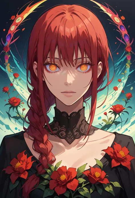 score_9, score_8_up, score_7_up, makima, red hair, braid ponytail, ringed eyes, yellow eyes, anime style, <lora:Makima_Pony:0.7>, <lora:NoctAbstractConcept:1>, abstract,highest detailed, red flower fragments, red flowers, visual chaos, fractal art, vibrant, studio anime, beautiful, textural, ray tracing, absurdres, offical art, illustration