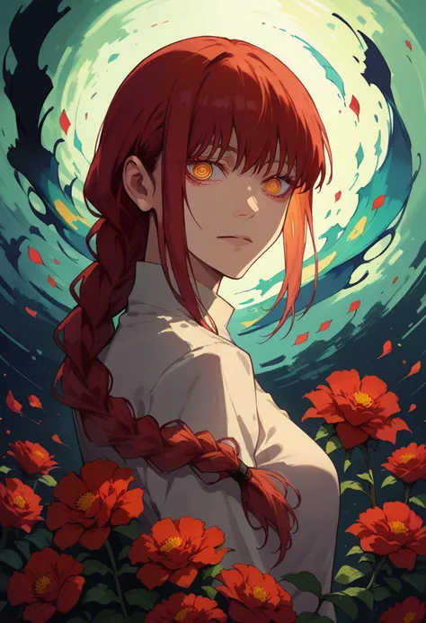 score_9, score_8_up, score_7_up, makima, red hair, braid ponytail, ringed eyes, yellow eyes, anime style, <lora:Makima_Pony:0.7>, <lora:NoctAbstractConcept:1>, abstract, red flowers