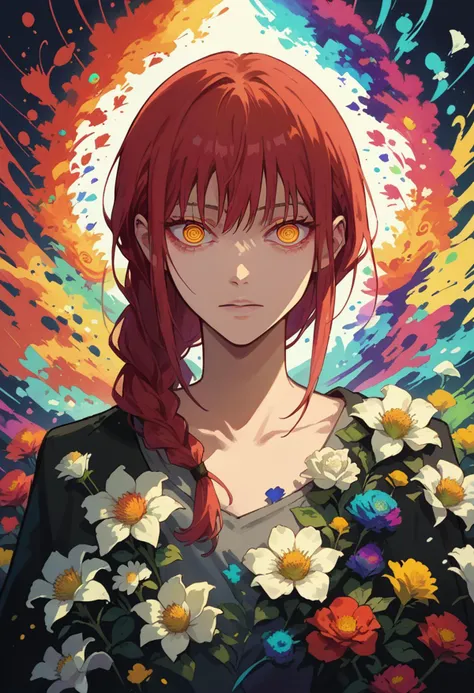 score_9, score_8_up, score_7_up, makima, red hair, braid ponytail, ringed eyes, yellow eyes, anime style, <lora:Makima_Pony:0.7>, <lora:NoctAbstractConcept:1>, abstract, colorful,highest detailed, white flower fragments, flowers fragments,white flowers, visual chaos,