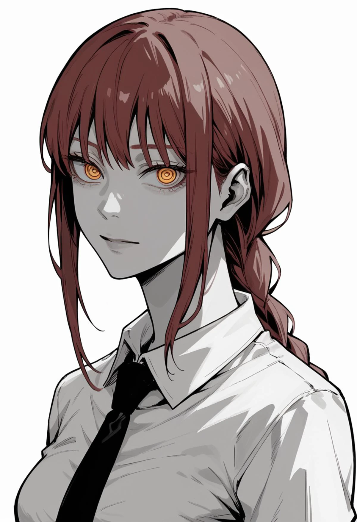 score_9, score_8_up, score_7_up, looking at viewer, makima, red hair, braid ponytail, ringed eyes, yellow eyes, white shirt, black necktie, <lora:Makima_Pony:0.7>, dark, emotionless, monochrome, simple background